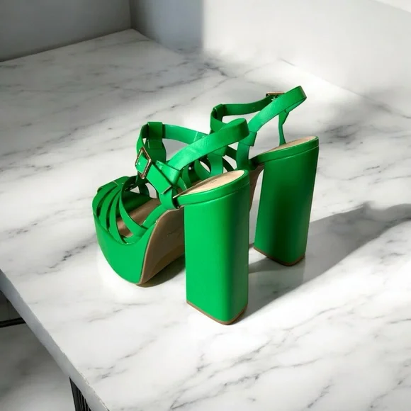 Green Strappy Caged Chunky Heel Women's Sandals Sz 7.5 Brand New - Picture 2 of 6